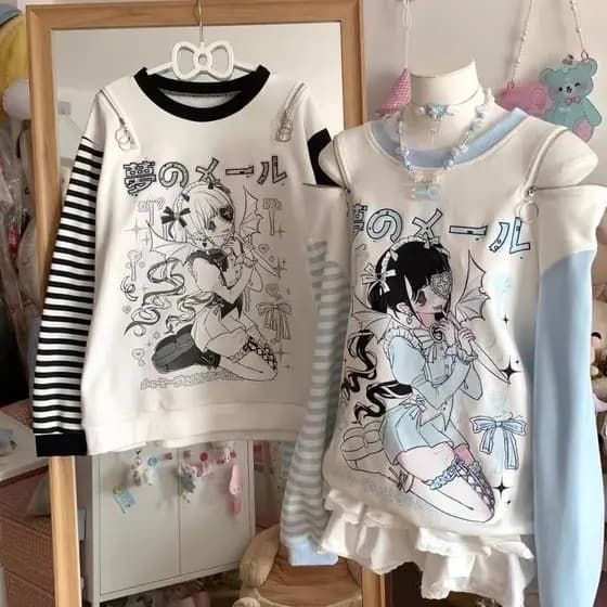Camiseta Feminina Casual Solta de Manga Longa com Estampa da Subcultura Y2K TY55