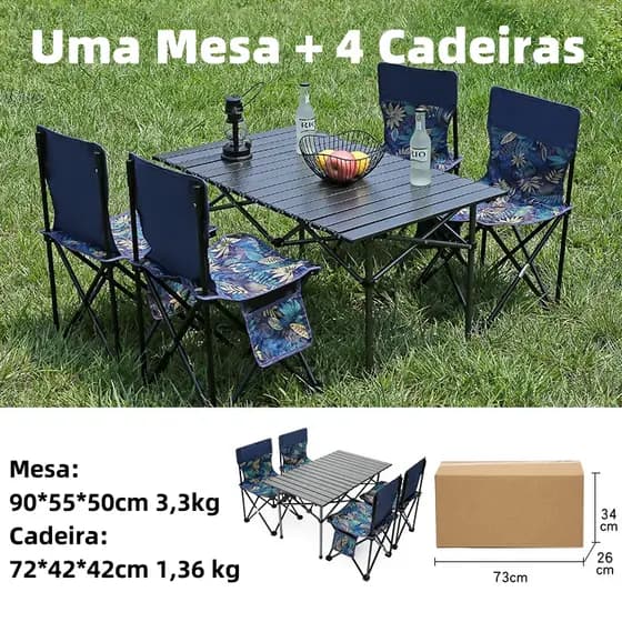 Kit Camping JOYFOX Mesa Dobrável Alumínio + 4 Cadeiras Portáteis com Bolsa para Praia Churrasco