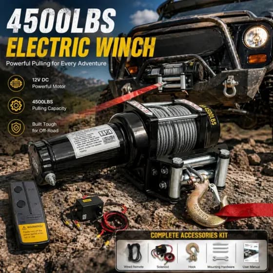 Guincho Elétrico 4500lb 12V para Off Road 4x4 com Cabo de Aço Controle Remoto e Gancho