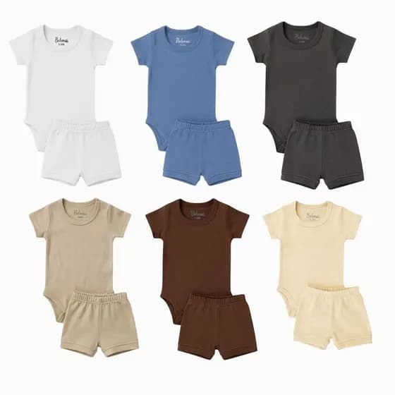 Kit Body Bebê Menino Manga Curta e Shorts Ribana Algodão Cores Sortidas P ao 3 Anos