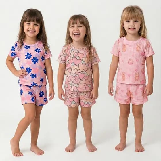 Conjunto Infantil Menina Verão Blusa Short Baby Look Estampado Flores Ursinho Coração 1 ao 8
