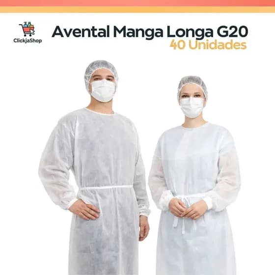 Kit 40 Aventais Descartáveis TNT Branco G20 Manga Longa Com Elástico e Amarração