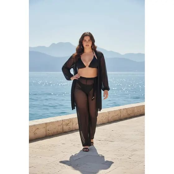 Saida De Praia Plus Size Conjunto Blusão Manga Longa e Calça Com Cordão Em Tule