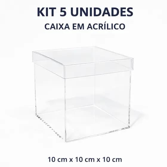 Kit 5 Caixas Acrílico Multiuso Cesta Organizadora Transparente Com Tampa - 10x10x10cm
