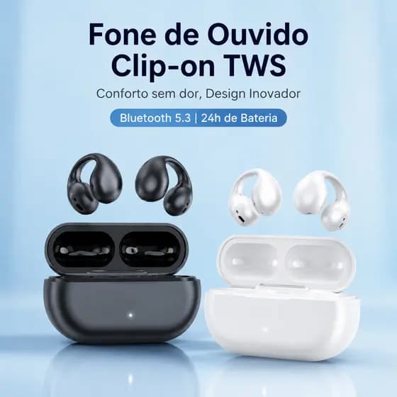 Fone de Ouvido Bluetooth Sem Fio Concha Ear Clip Duplo Microfone Redução Ruído Bateria 24h Esporte Corrida
