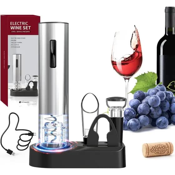 Kit Saca-rolhas aço inoxidável Elétrico Para Vinho Base E Recarregável Por Usb 6 em 1