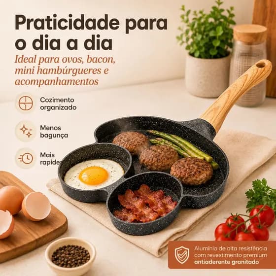 Frigideira 3 em 1 Antiaderente Granitada com 3 Compartimentos para Ovos Bacon Panquecas Hambúrguer e Café da Manhã