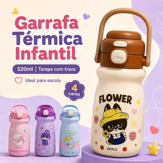 Garrafinha Térmica Infantil 520ml Inox com Tampa Trava para Escola e Passeios