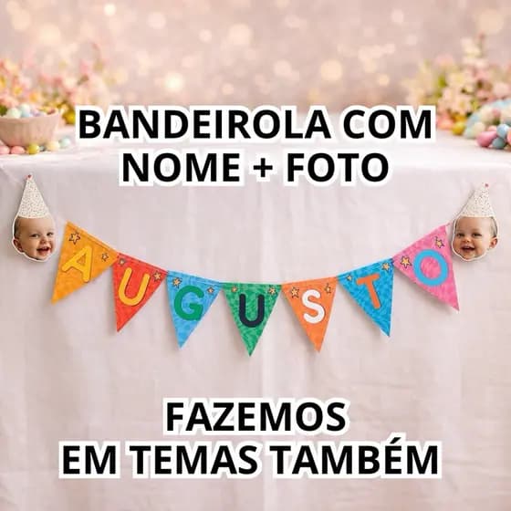 Varal Com Nome e Fotos | Bandeirola Para Aniversário Infantil Ou Pet | Decoração de Festa | Envio 24H