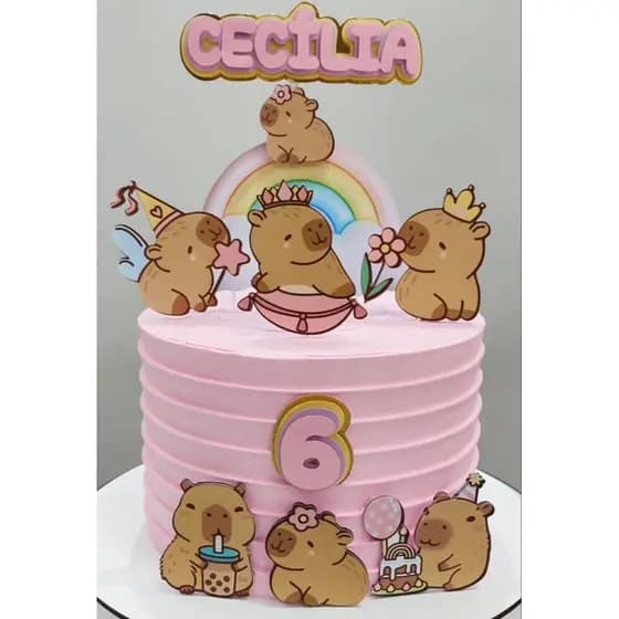 Topo de Bolo Capivara Personalizado Rosa Minimalista | Decoração Só Um Bolinho | Cake Topper Capybara | ENVIO IMEDIATO