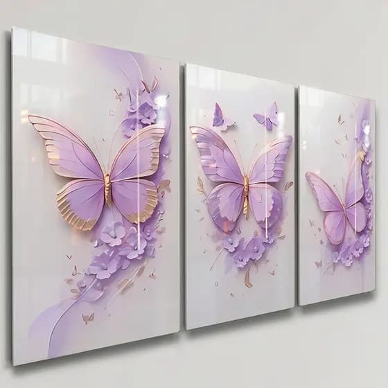Quadros Decorativos 3 Peças Borboletas Douradas e Roxo Violeta Flores Flor Casa Sala Quarto Decoração Parede