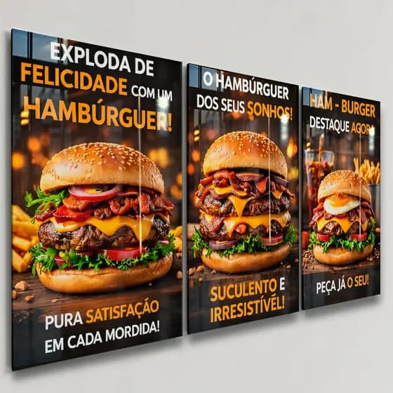 Quadros Decorativos 3 Peças Lanches Frases Hambúrguer Delicioso Lanchonete Casa Sala Quarto Decoração Hall