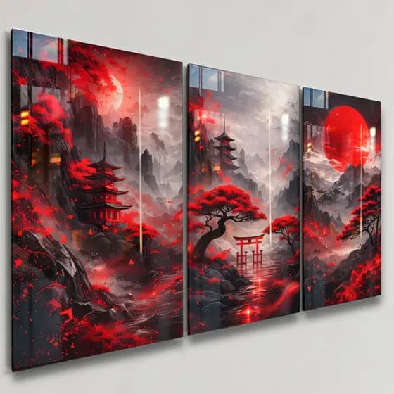 Quadros Decorativos 3 Peças Abstrato Paisagem Japonês Estilo Vermelho Lua Casa Sala Quarto Decoração Parede
