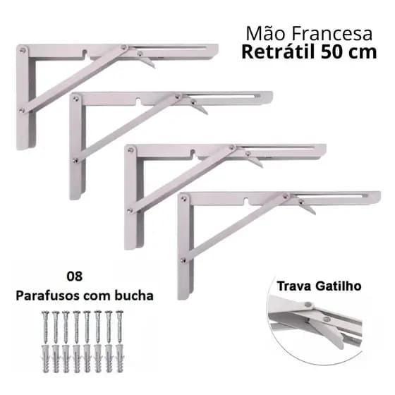 Kit 4 Suportes Mão Francesa Cantoneira Dobrável Retrátil Reforçada Prateleira Mesa Com Parafuso 50cm