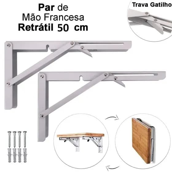 Kit 2 Suportes Mão Francesa Cantoneira Dobrável Retrátil Reforçada Prateleira Mesa 50cm