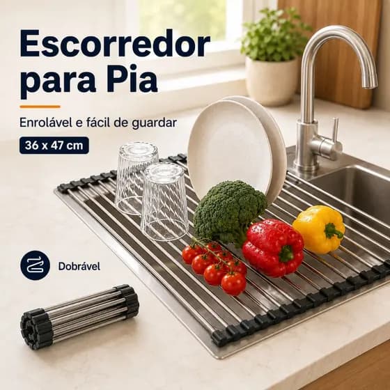 Escorredor de Louça Dobrável para Pia Aço Inox Organizador Multiuso de Cozinha