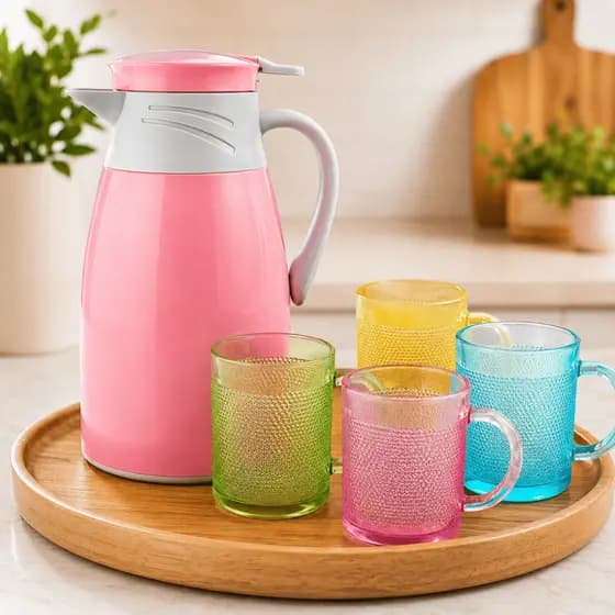Garrafa Térmica 1 Litro Com Copos Kit Café Com 4 Canecas Mesa Posta Elegante