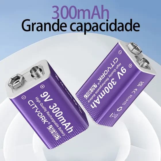 Kit Carregador De Pilhas Recarregável 9v 300mAh 2 Baterias Pp3 para Multímetros, Guitarra e Aparelhos Eletrônicos