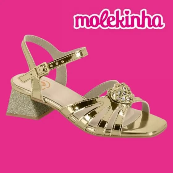 Sandália Molekinha Infantil Salto Dourado Com Coração Luxo | Lançamento Original !