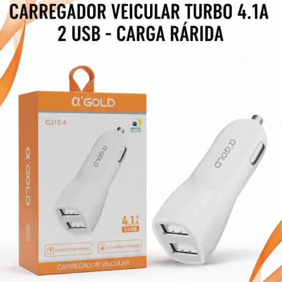 kit Carregador Veicular + cabo Turbo UNIVERSAL 4.1a com Duas Portas USB - Rápido Compatível com Todos Dispositivos