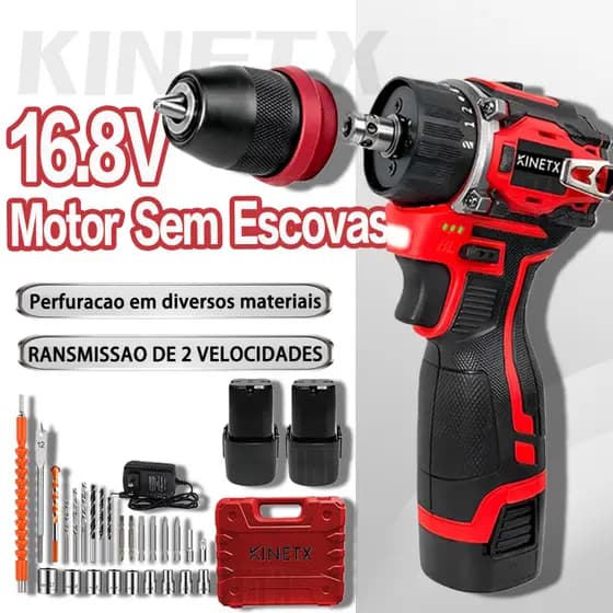 KINETX Furadeira Parafusadeira 16.8V Brushless com Mandril Metálico de Catraca e 2 Baterias Lítio Profissional