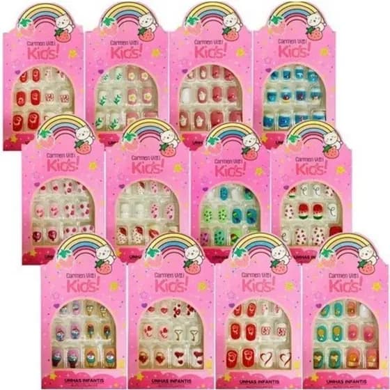 Kit 144 Unhas Postiça Infantil 12 Caixas (1caixa com 12 unhas)Contém Comprimidos de cola sólida