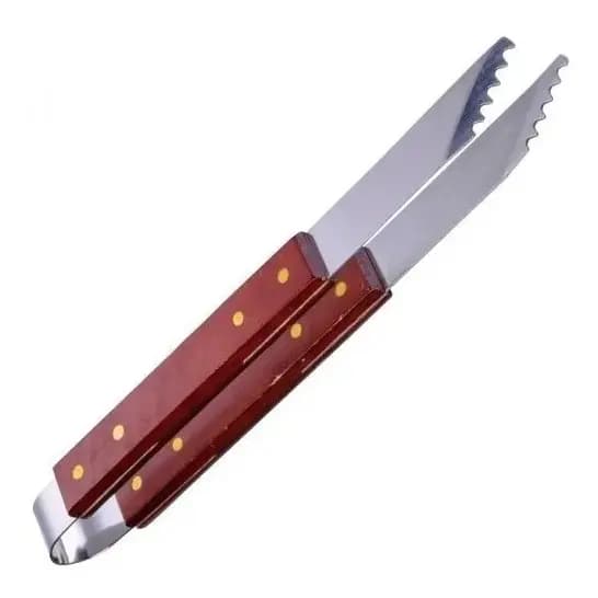Pegador para Churrasco Longo Mor - Pinça em Aço Inox com Cabo de Madeira - Ideal para Virar Carne, Assados e Grelha
