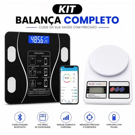 Kit Saúde Completo: Balança Digital + Balança Bioimpedância Corporal IMC Bluetooth