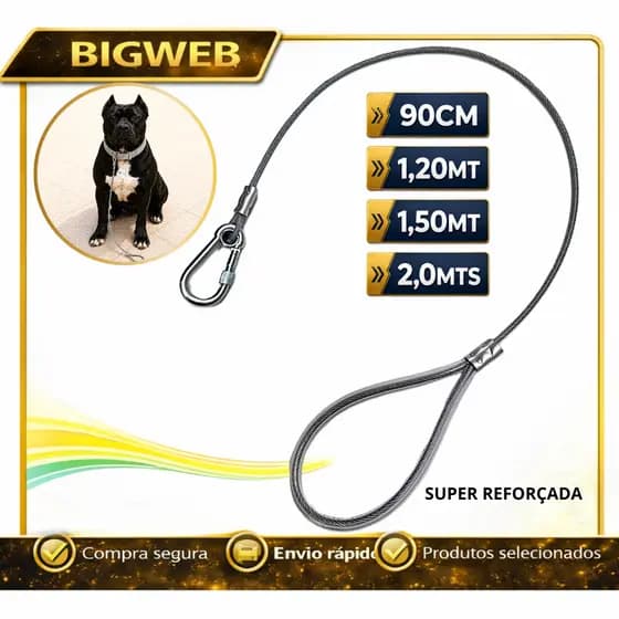 Guia Passeio Reforçada Cabo Aço Médio e Grande Porte 90cm 1,20m 1,5m 2m Escolha o Tamanho PitBull Rottweiler