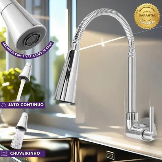 Torneira Gourmet Cozinha Parede Mesa Pia Flexível Cromada Dupla Função 1/4 Volta Inox