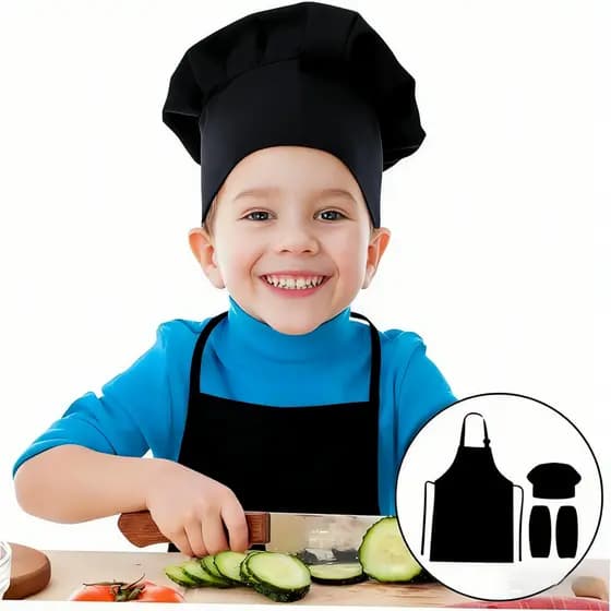 Avental infantil tamanho XL + manga + chapéu, laranja/branco/preto/vermelho, comprimento 65 cm, largura da roupa 46 cm,