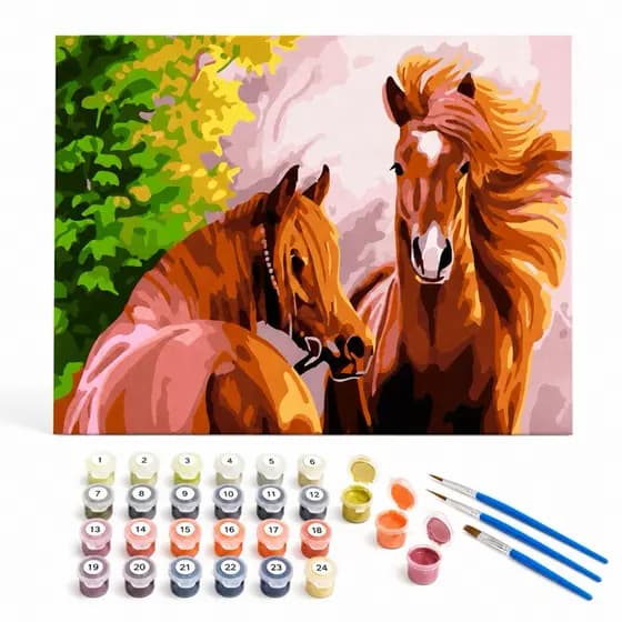 Kit de Pintura Numerada Cavalos 40x50 cm - kit completo 1 tela + 3 pincéis + 24 tintas