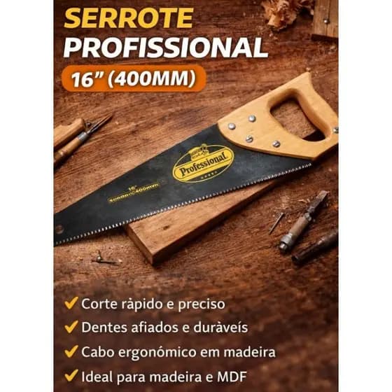 Serrote Profissional 16" (400mm) com Cabo de Madeira | Corte Rápido e Preciso | Marcenaria Carpintaria Madeira