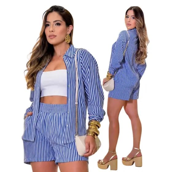 Conjunto Feminino Listras Camisa e Short em Crepe Social Elegante Moda Verão M-G-GG