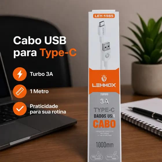 Cabo USB para USB C 1 Metro Branco 3A LEHMOX Turbo Dados Carregador Celular Tablet Resistente Rápido