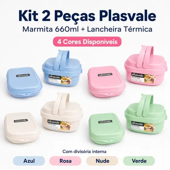 Kit 2 Potes Marmita Plasvale 660ml com Tampa e Divisória + Lancheira Térmica para Pão de Forma