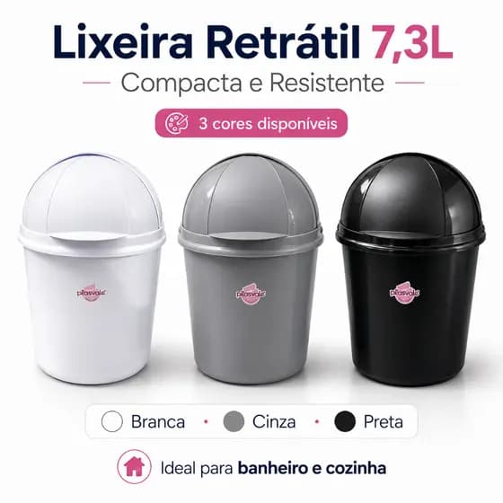 Lixeira Retrátil 7,3L para Banheiro e Cozinha Plasvale - Compacta e Resistente