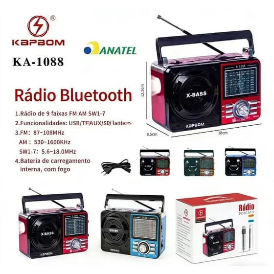 Rádio Retrô Portátil 1088 com Bluetooth, AM/FM/SW, USB e Bateria Recarregável – Som Claro e Antena Externa