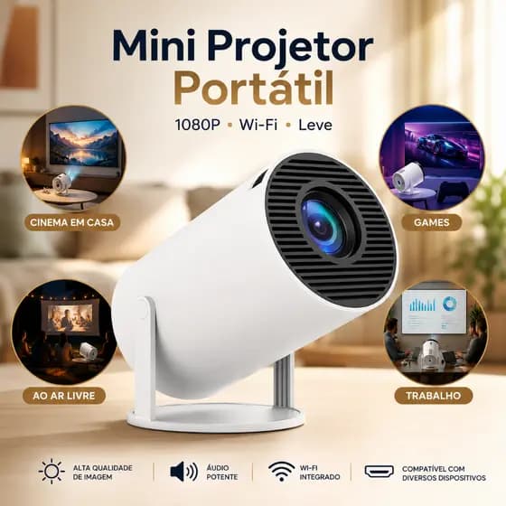Projetor Inteligente Portátil Full Hd 4K Ultra HD HDMI Wifi Alto-Falante Bluetooth Android Branco