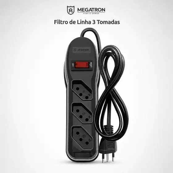 Filtro de Linha Megatron 3 Tomadas 10A Bivolt Cabo 1 Metro com Circuit Breaker Proteção Sobrecarga