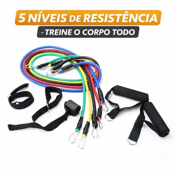 Kit Elásticos de Resistência Fitness com Pegadores – Exercício em Casa e Academia (5 Intensidades)