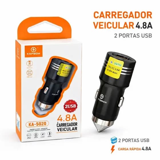 Carregador Veicular Para Carro 2 USB 4.8A 5V 2.4A Duplo Ultra Rápido Universal