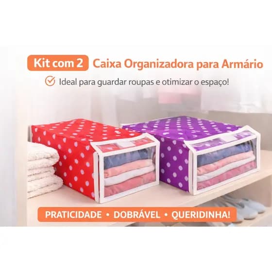 Kit 2 Caixa Organizadora Grande Dobrável TNT 30x20cm Organizador de Roupas Armário Guarda-Roupa
