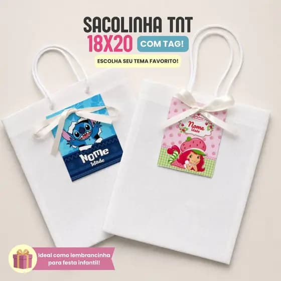 Kit 10/20/30 Saquinho de TNT 18x20 Com Fita Lembrancinha Presente Festa Aniversário Infantil Com Tag Personalizada