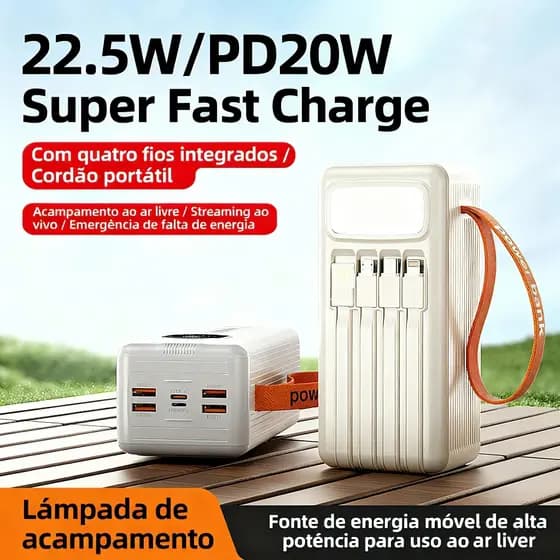 Power Bank 50000mah Carregador Portátil Turbo 22.5W PD Rápido Com cabos 4 Em1 LED lanterna e Compatível iOS/Android