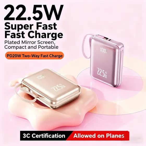 Carregador Portátil 10000mah 20000mah Power Bank PD 22.5W carga rápida Com 2 cabos Telão LED portátil