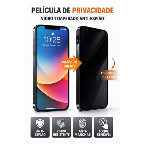 Película de Privacidade iPhone XR ao 17 Pro Max – Vidro Temperado Anti-Espião HD