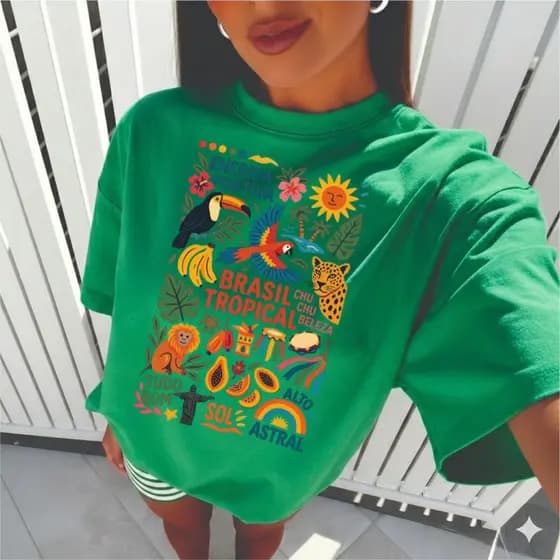 camiseta tshirt blusa feminina estilosa oversized 100%algodão delicada animais brasil tropical