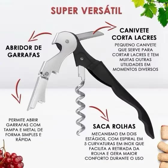 Abridor de Vinhos Saca Rolhas Aço Inox Garrafa Lata 3 em 1 Resistente