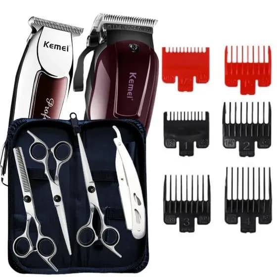 Kit Barbeiro Profissional KM2600 KM032 | Máquinas Cortar Cabelo + Kit Tesouras Fio Navalha + Capa